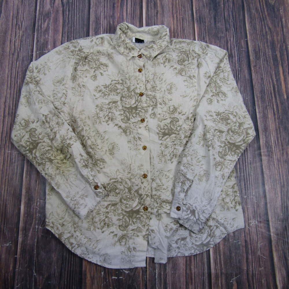 Tapestry Button Down Shirt Womens L Beige Floral Rose Linen Blend Blouse